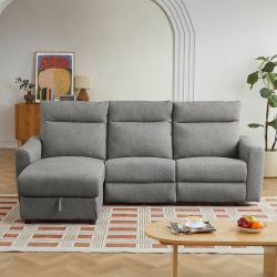 Canapé d'angle gauche relax électrique HOROS 4 places tissu chenille gris clair
