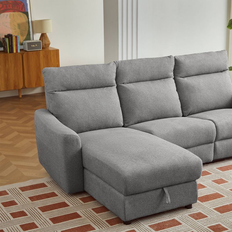 Canapé d'angle gauche relax électrique HOROS 4 places tissu chenille gris clair