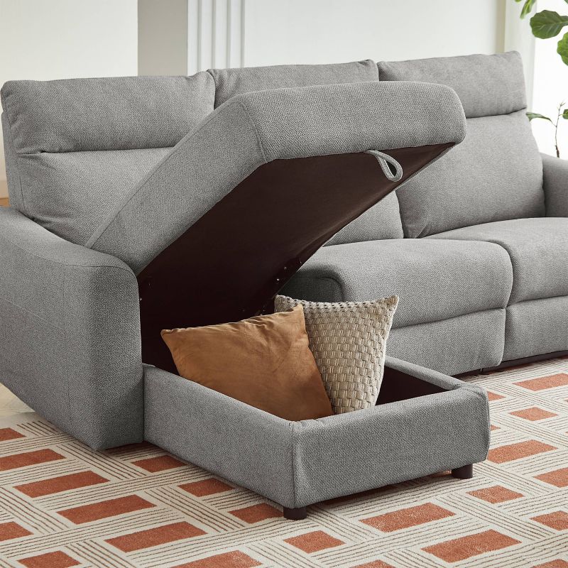 Canapé d'angle gauche relax électrique HOROS 4 places tissu chenille gris clair