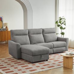 Canapé d'angle gauche relax électrique HOROS 4 places tissu chenille gris clair