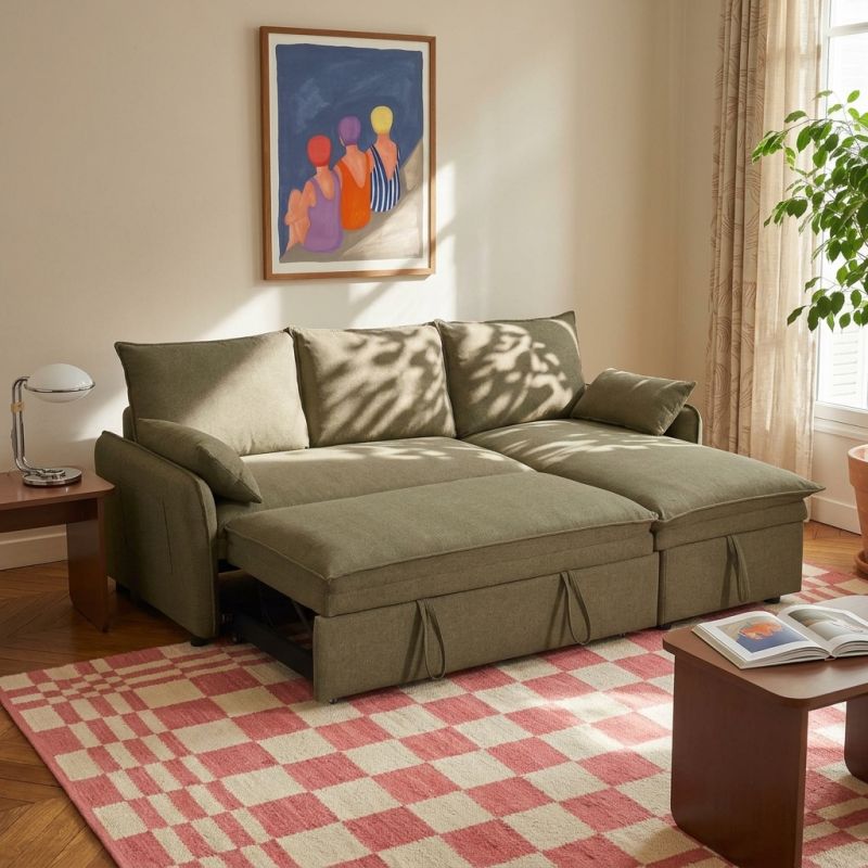 Canapé d'angle convertible et réversible SABEA 4 places tissu vert