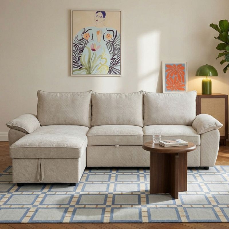 Canapé d'angle gauche convertible VINEA 4 places tissu chenille tramé beige