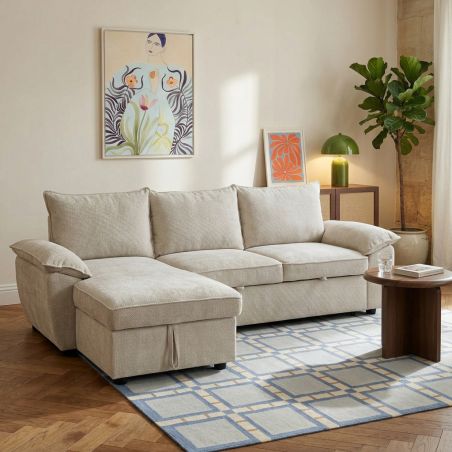 Canapé d'angle gauche convertible VINEA 4 places tissu chenille tramé beige
