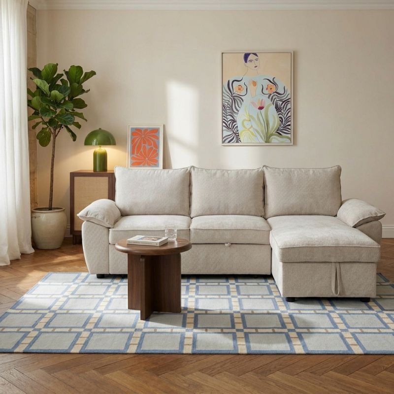 Canapé d'angle droit convertible VINEA 4 places tissu chenille tramé beige