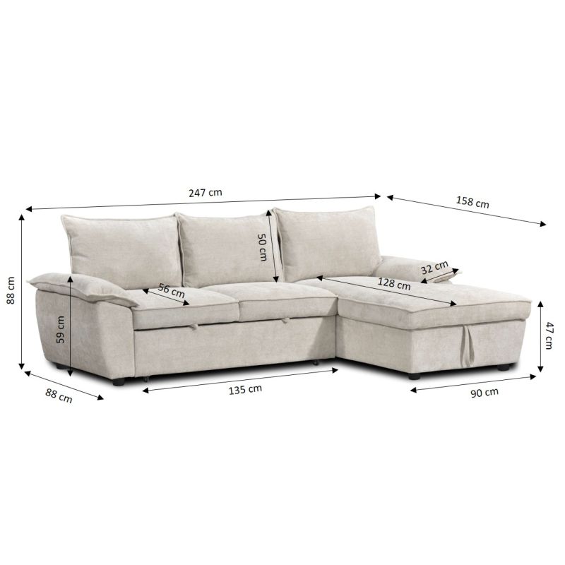 Canapé d'angle droit convertible VINEA 4 places tissu chenille tramé beige