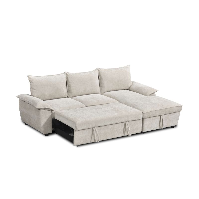 Canapé d'angle droit convertible VINEA 4 places tissu chenille tramé beige