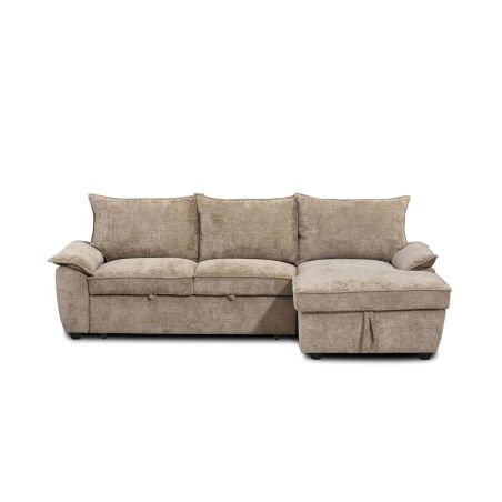 Canapé d'angle droit convertible VINEA 4 places tissu chenille tramé taupe