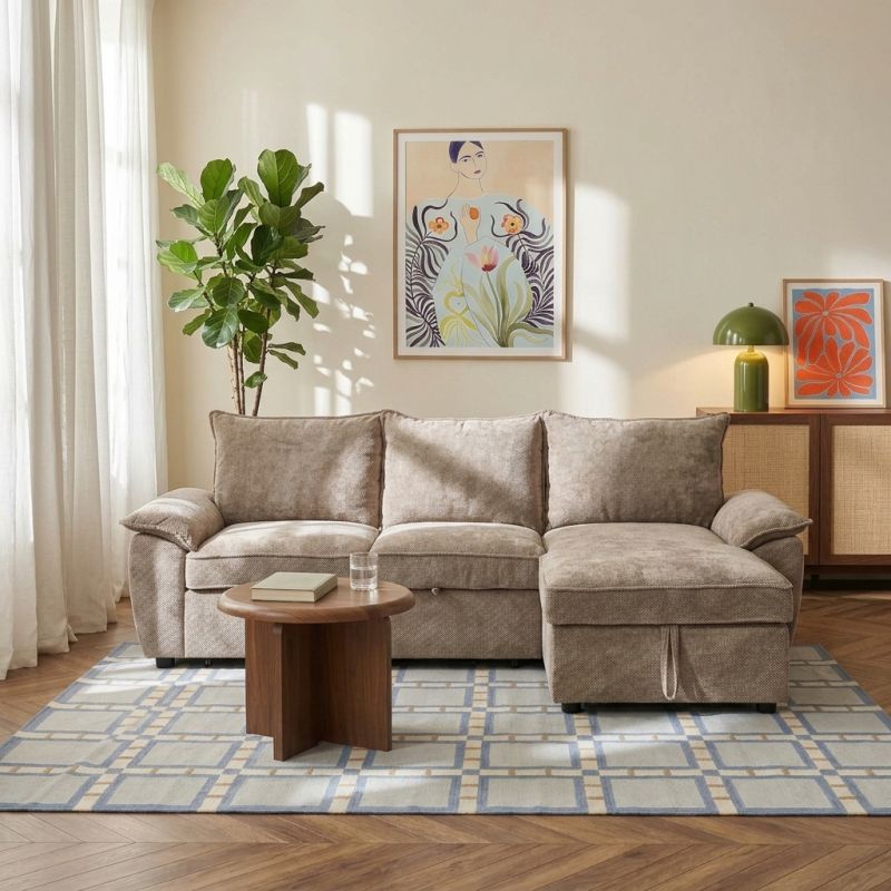 Canapé d'angle droit convertible VINEA 4 places tissu chenille tramé taupe