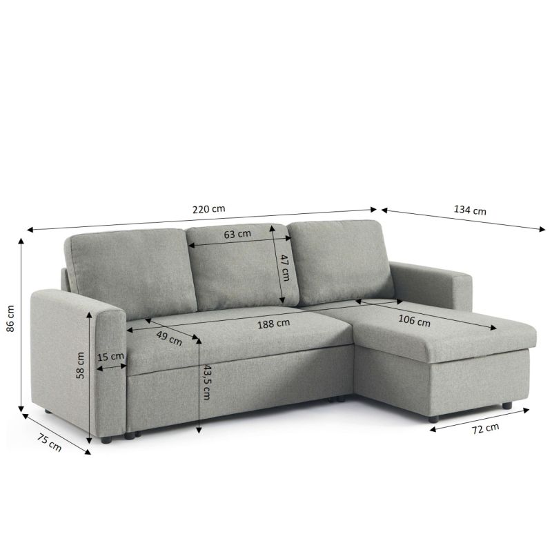 Canapé d'angle convertible et réversible SPENA 4 places tissu gris