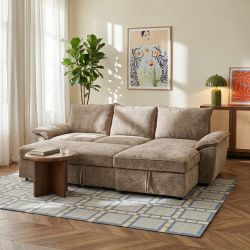 Canapé d'angle droit convertible VINEA 4 places tissu chenille tramé taupe
