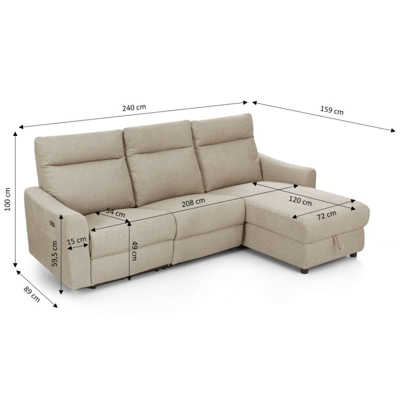 Canapé d'angle droit relax électrique HOROS 4 places tissu chenille beige