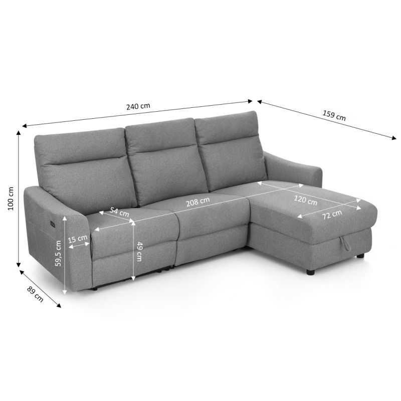 Canapé d'angle droit relax électrique HOROS 4 places tissu chenille gris clair