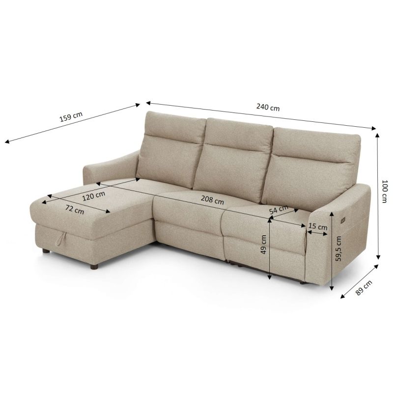 Canapé d'angle gauche relax électrique HOROS 4 places tissu chenille beige