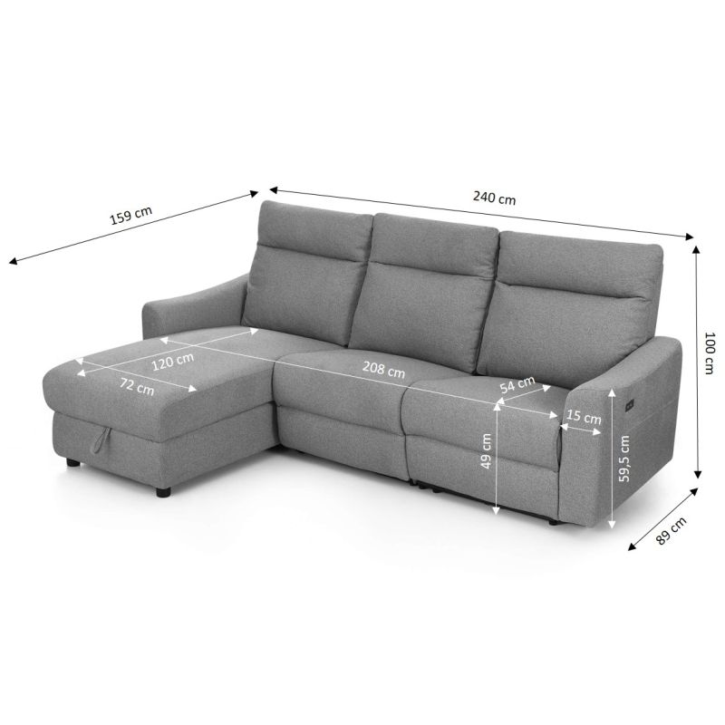 Canapé d'angle gauche relax électrique HOROS 4 places tissu chenille gris clair