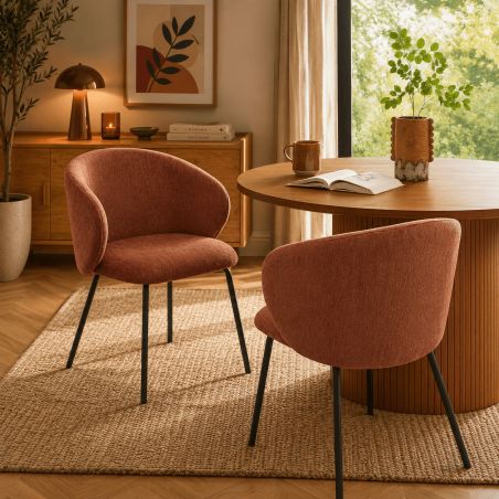 Lot de 2 chaises CASSIE tissu chenille terracotta et pieds métal noir
