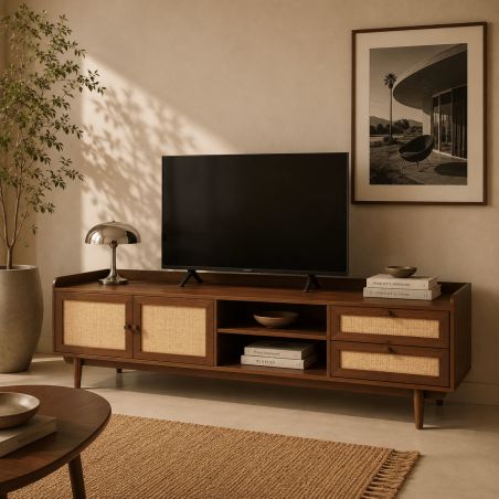 Meuble TV LEON noyer et cannage 180cm