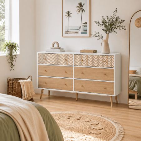 Commode CAPUCINE 6 tiroirs blanc et effet chêne 150cm
