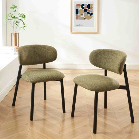 Lot de 6 chaises CIARA bouclette kaki et pieds métal noir