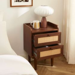 Ensemble tables de chevet + commode LEON placage couleur noyer et cannage