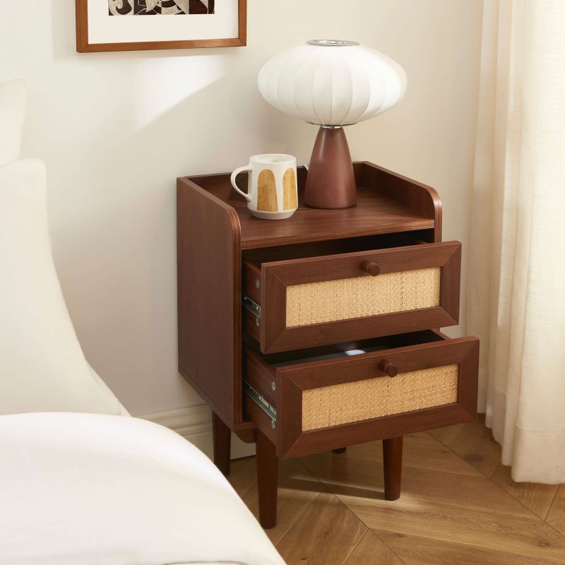 Ensemble tables de chevet + commode LEON placage couleur noyer et cannage