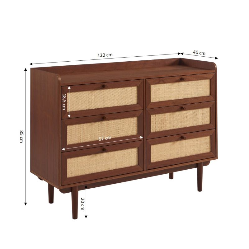 Ensemble tables de chevet + commode LEON placage couleur noyer et cannage