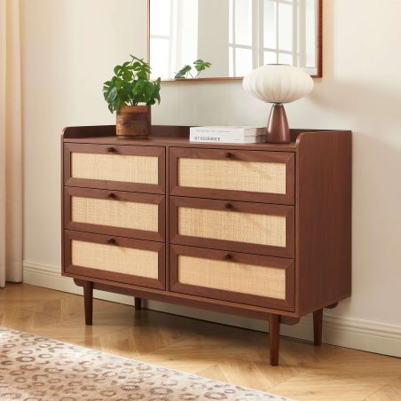 Ensemble tables de chevet + commode LEON placage couleur noyer et cannage