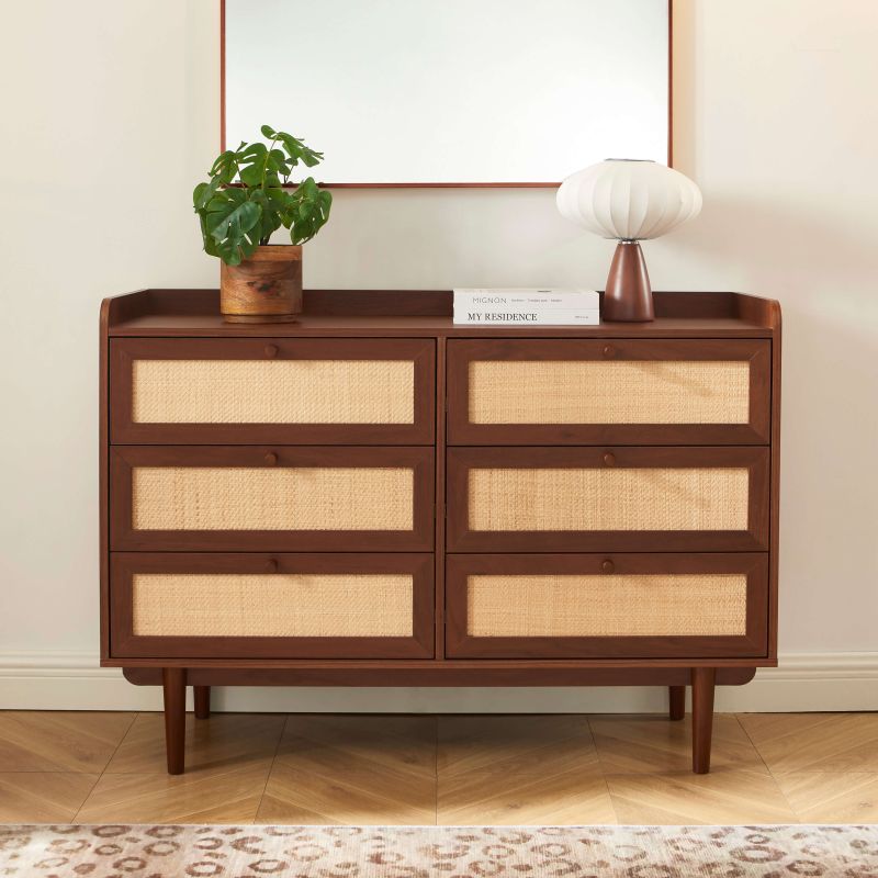 Ensemble tables de chevet + commode LEON placage couleur noyer et cannage