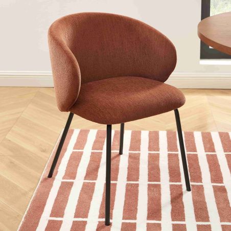 Lot de 4 chaises CASSIE tissu chenille terracotta et pieds métal noir