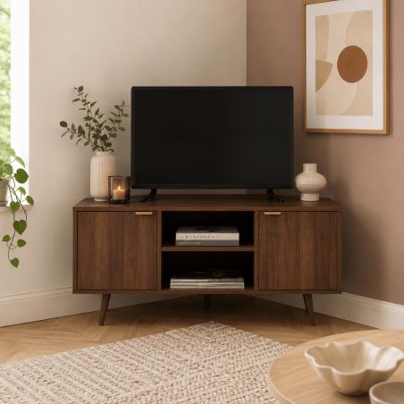 Meuble TV d'angle JEANNE effet noyer 115cm