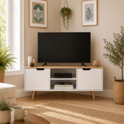 Meuble TV d'angle LYNA blanc et effet chêne 115cm