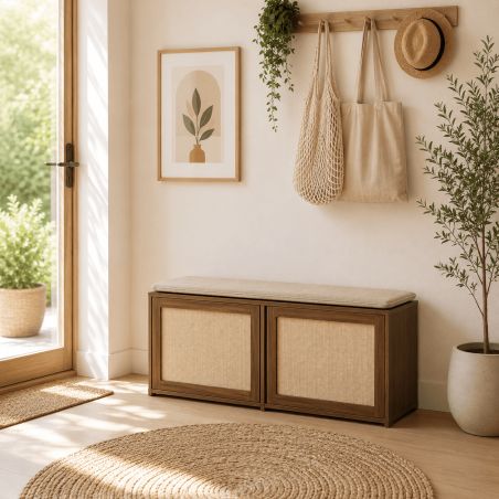 Banc à chaussures HARIA effet noyer et rotin