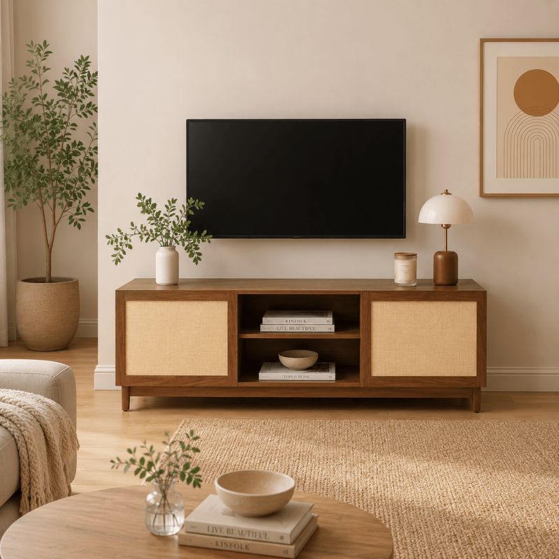Meuble TV HARIA effet noyer et rotin 150cm