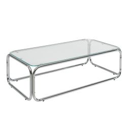 Table basse MAGGY verre trempé transparent et structure en chrome