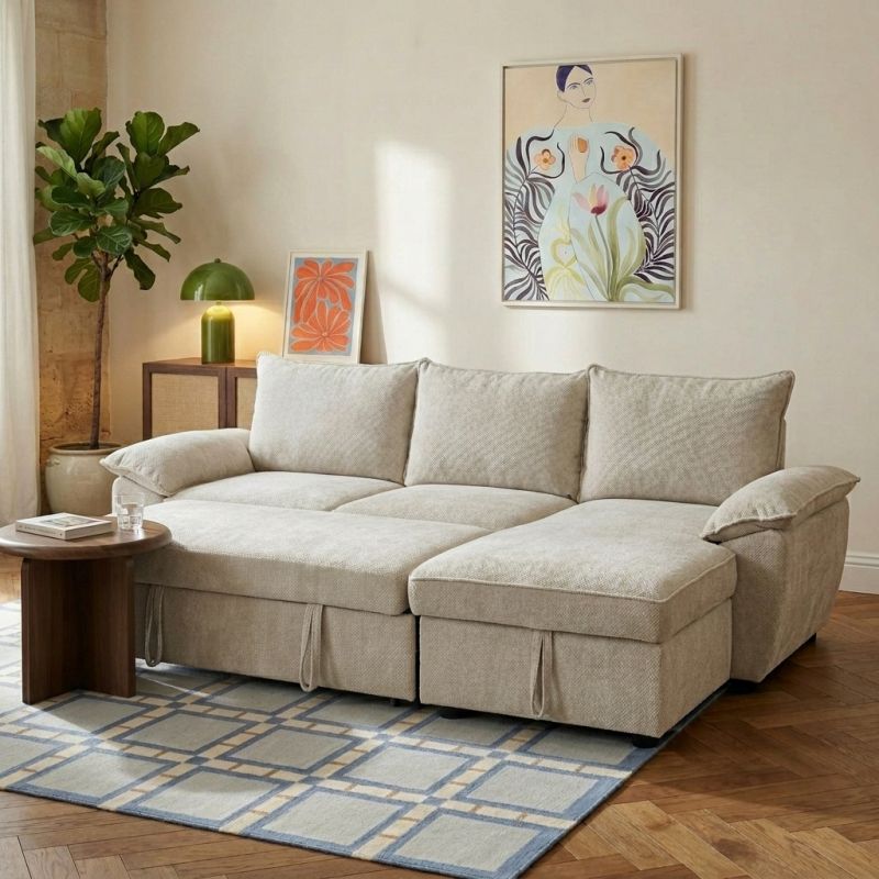 Canapé d'angle droit convertible VINEA 4 places tissu chenille tramé beige