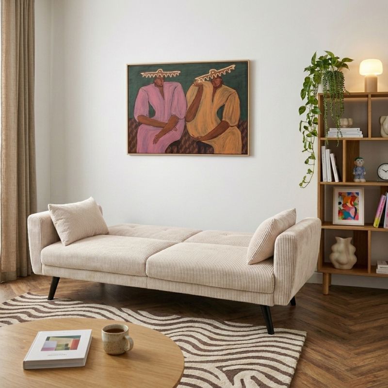 Canapé droit convertible CRENOA 3 places velours côtelé beige