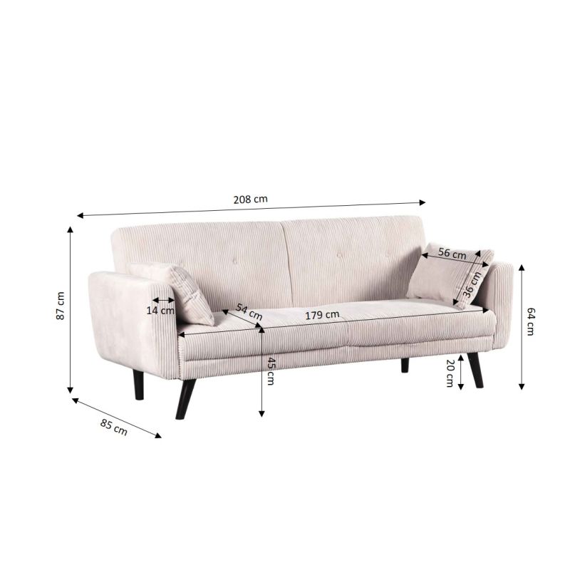 Canapé droit convertible CRENOA 3 places velours côtelé beige