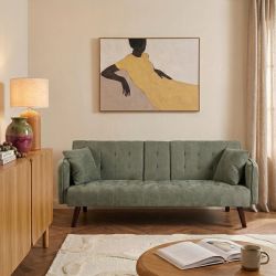 Canapé droit convertible CENOA 3 places tissu chenille tramé vert