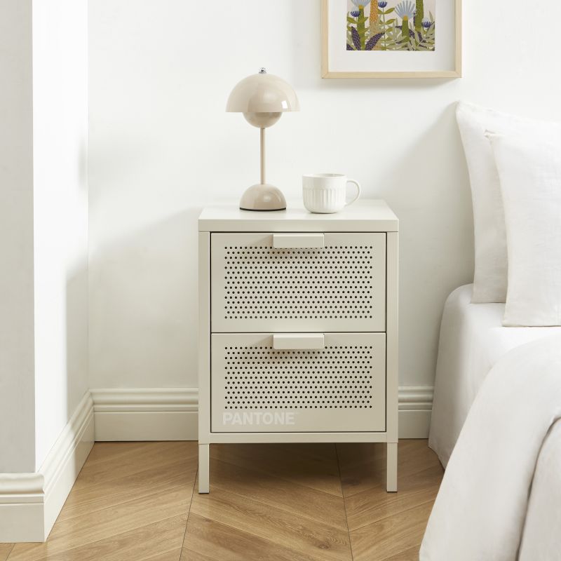 Table de chevet PANTONE métal beige sable double tiroirs 40cm