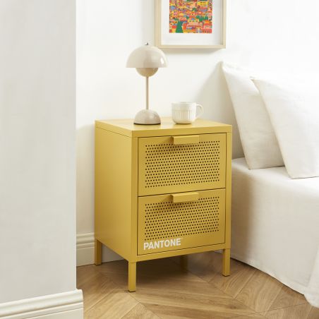Table de chevet PANTONE métal jaune moutarde double tiroirs 40cm