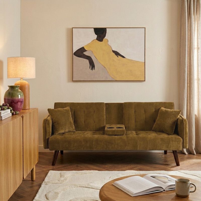 Canapé droit convertible CENOA 3 places tissu chenille tramé marron kaki