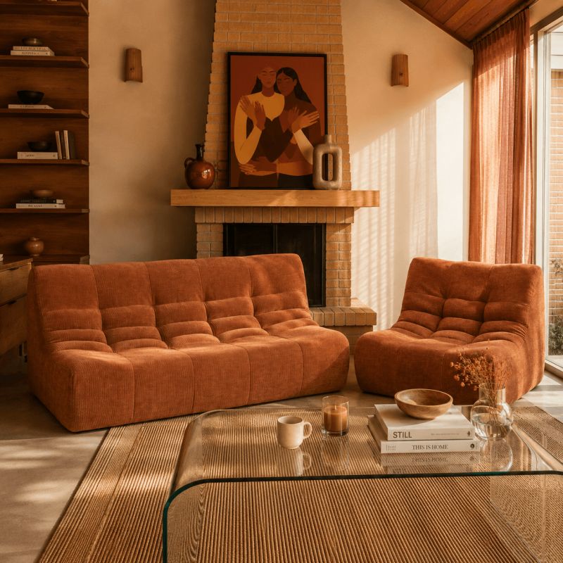 Ensemble banquette et chauffeuse JANIS modulable 3 places velours terracotta