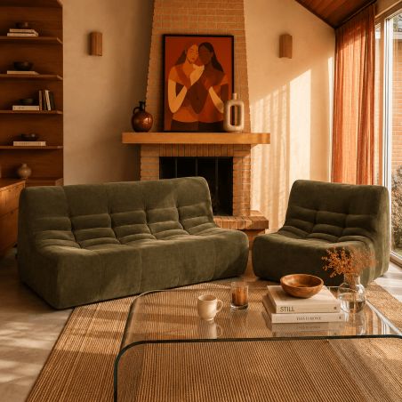 Ensemble banquette et chauffeuse JANIS modulable 3 places velours vert