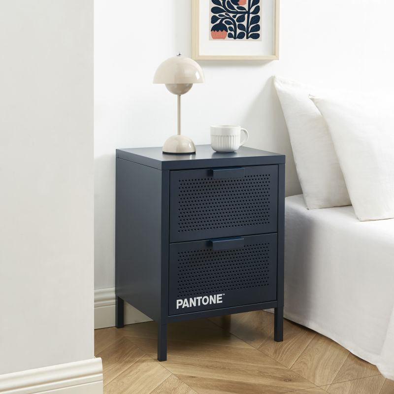 Table de chevet PANTONE métal bleu nuit double tiroirs 40cm