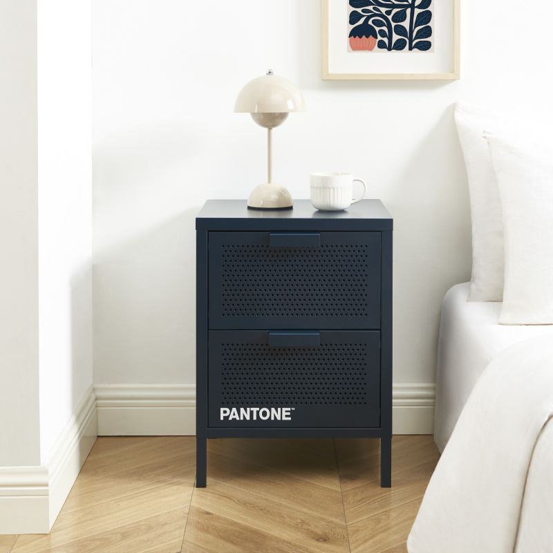Table de chevet PANTONE métal bleu nuit double tiroirs 40cm