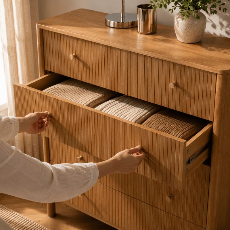 Commode CLEO placage chêne 5 tiroirs 90cm