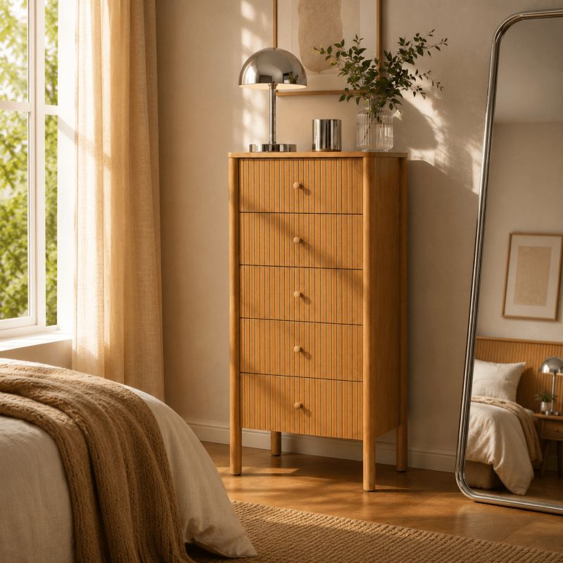 Chiffonnier CLEO placage chêne 5 tiroirs 55cm
