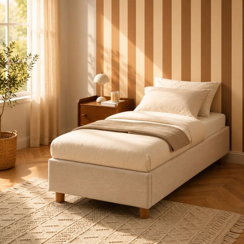 Lit coffre KORALL 90x190 tissu beige lin sommier inclus