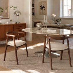 Lot de 4 chaises LORENZ chêne massif couleur noyer et tissu beige