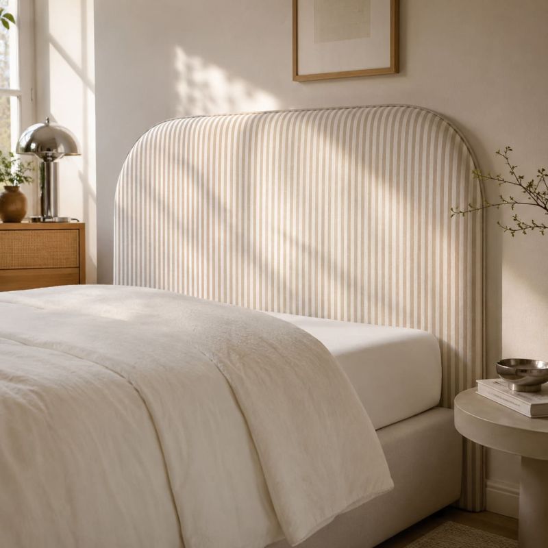 Tête de lit LOUISON tissu lin rayé blanc et beige 90 cm