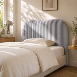 Tête de lit LOUISON tissu lin rayé blanc et bleu 90 cm